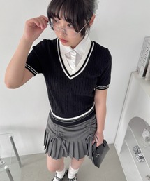 襟付きドッキングケーブルニットトップス