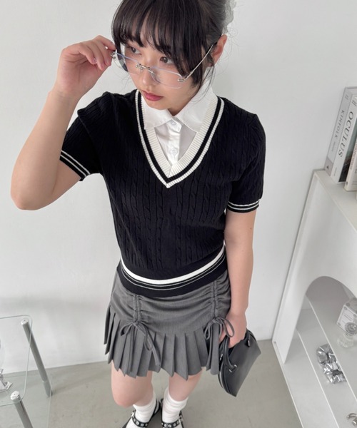 Loueme(ルエム)の「襟付きドッキングケーブルニットトップス(ニット/セーター・レディース・アイボリー/ブラック/ピンク・FREE)」の3枚目の写真
