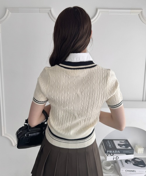 Loueme(ルエム)の「襟付きドッキングケーブルニットトップス(ニット/セーター・レディース・アイボリー/ブラック/ピンク・FREE)」の6枚目の写真