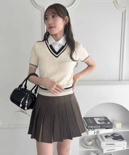 Loueme(ルエム)の「襟付きドッキングケーブルニットトップス(ニット/セーター・レディース・アイボリー/ブラック/ピンク・FREE)」の7枚目の写真