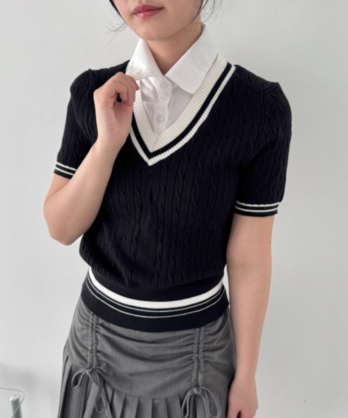 Loueme(ルエム)の「襟付きドッキングケーブルニットトップス(ニット/セーター・レディース・アイボリー/ブラック/ピンク・FREE)」の10枚目の写真