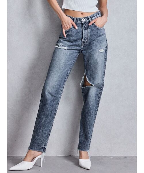 GYDA ハイウエストVintage Edge ダメージストレートデニムパンツS セール】ハイウエストVintage Edge ダメージストレートデニム
