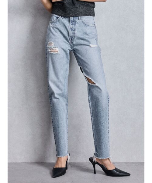 GYDA ハイウエストVintage Edge ダメージストレートデニムパンツS セール】ハイウエストVintage Edge ダメージストレートデニム