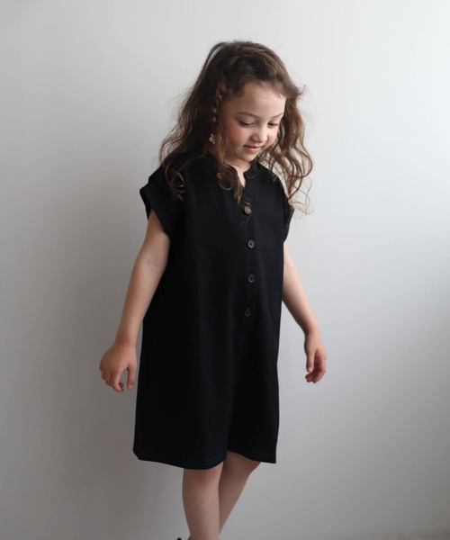 セール】【3-10才対応】配色ステッチキーネックロンパース（つなぎ