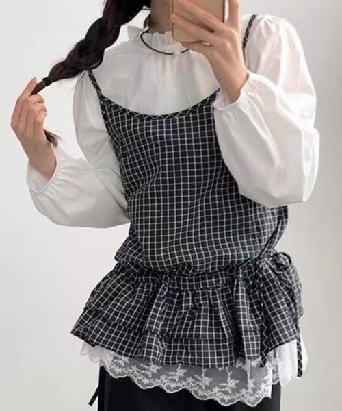 VIBGYOR(ヴィブジョー)の「チェックフリル ティアード アウトキャミソール/ナチュラルガーリー 韓国風(キャミソール・レディース・オフホワイト/ブラック・FREE)」の19枚目の写真