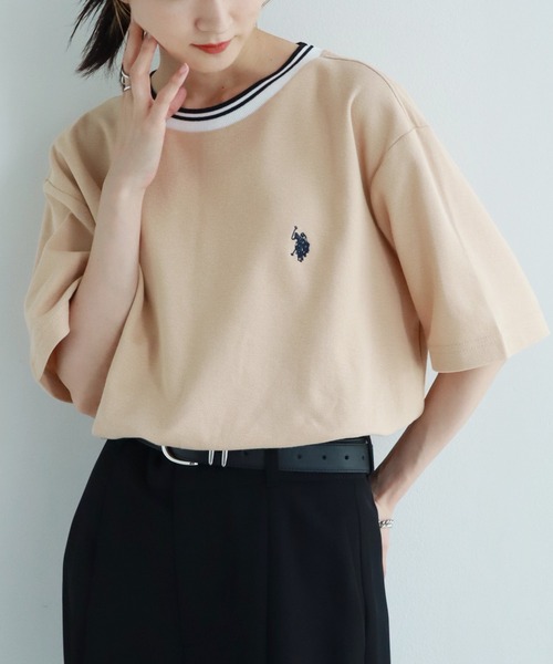 U.S. POLO ASSN.(ユーエスポロアッスン)の「【U.S. POLO ASSN./ユーエスポロアッスン】鹿の子リブライン ワンポイント刺繍ロゴ 半袖Tシャツ(Tシャツ/カットソー・メンズ・ベージュ/ネイビー/ブラック/ホワイト・M/L/LL)」の1枚目の写真