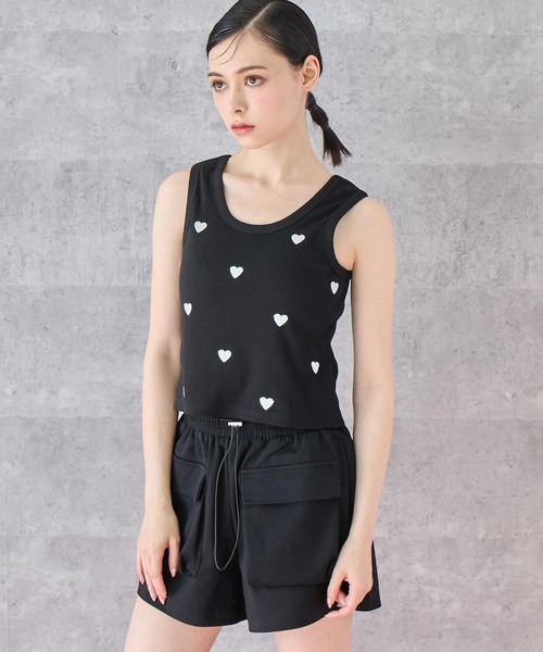 ROSIEE ハート刺繍リブタンクトップ R030303 ノースリーブカットソー 洗える きれいめインナー cute hearts 見せるタンク ROSIEE ハート刺繍リブタンクトップ R030303 ノースリーブ