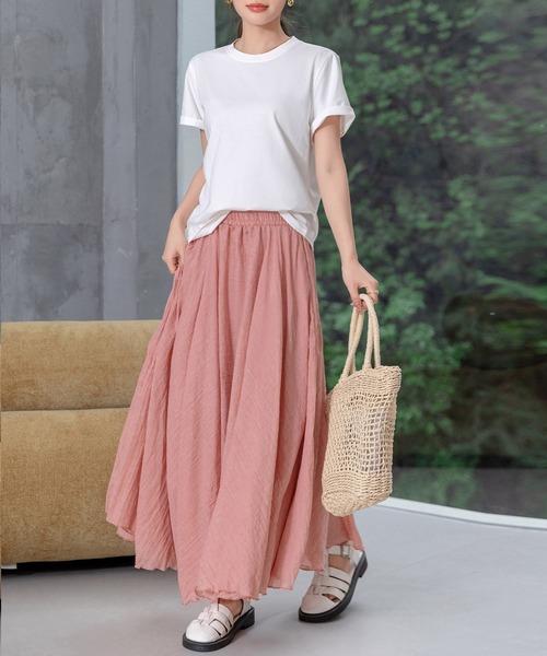 DAY CLOSET(デイ クローゼット)の「【ロング丈/透け防止裏地付き】メロウフリル シャーリングフレア スカート レディース(スカート・レディース・ホワイト/ブラック/ピンク・L/M)」の8枚目の写真
