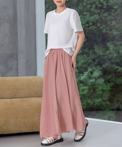 DAY CLOSET(デイ クローゼット)の「【ロング丈/透け防止裏地付き】メロウフリル シャーリングフレア スカート レディース(スカート・レディース・ホワイト/ブラック/ピンク・L/M)」の9枚目の写真