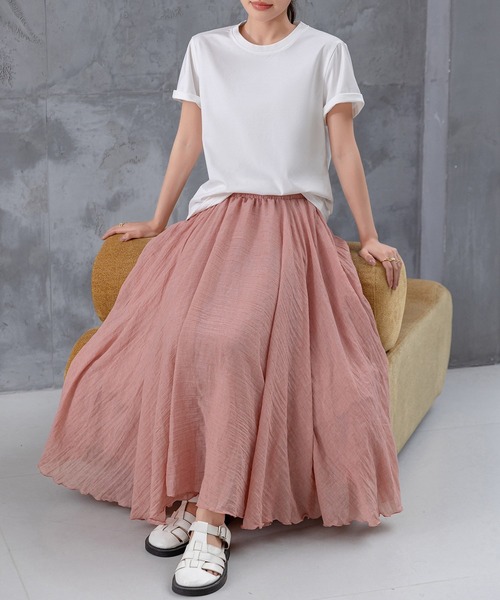 DAY CLOSET(デイ クローゼット)の「【ロング丈/透け防止裏地付き】メロウフリル シャーリングフレア スカート レディース(スカート・レディース・ホワイト/ブラック/ピンク・L/M)」の11枚目の写真