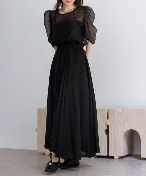 DAY CLOSET(デイ クローゼット)の「【ロング丈/透け防止裏地付き】メロウフリル シャーリングフレア スカート レディース(スカート・レディース・ホワイト/ブラック/ピンク・L/M)」の13枚目の写真
