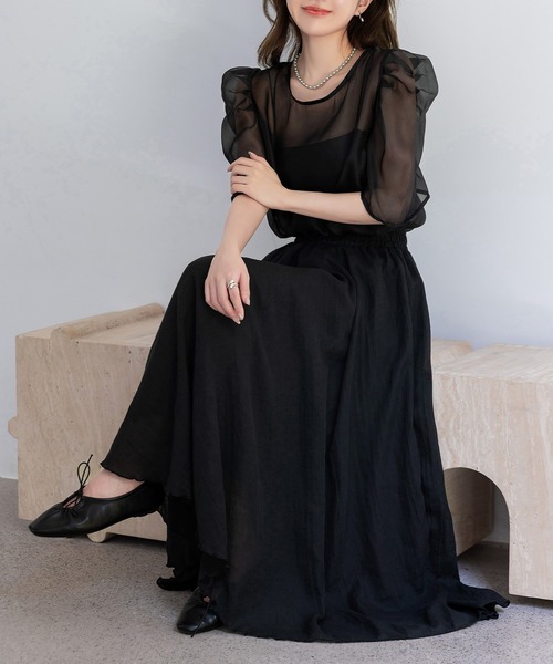 DAY CLOSET(デイ クローゼット)の「【ロング丈/透け防止裏地付き】メロウフリル シャーリングフレア スカート レディース(スカート・レディース・ホワイト/ブラック/ピンク・L/M)」の16枚目の写真