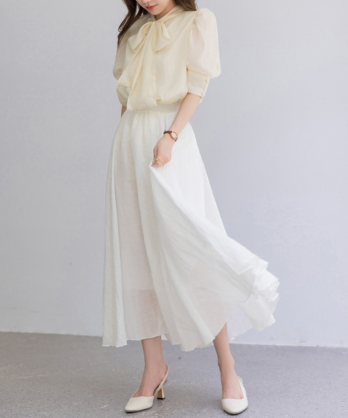DAY CLOSET(デイ クローゼット)の「【ロング丈/透け防止裏地付き】メロウフリル シャーリングフレア スカート レディース(スカート・レディース・ホワイト/ブラック/ピンク・L/M)」の20枚目の写真