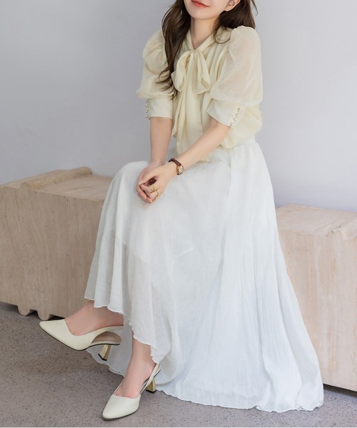 DAY CLOSET(デイ クローゼット)の「【ロング丈/透け防止裏地付き】メロウフリル シャーリングフレア スカート レディース(スカート・レディース・ホワイト/ブラック/ピンク・L/M)」の21枚目の写真