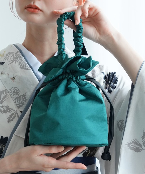 巾着バッグ レザー調コード utatane 日本製 グリーン（ハンドバッグ