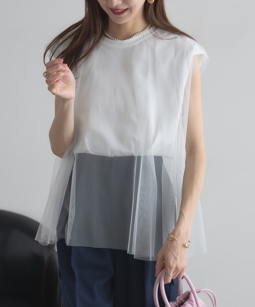 &. NOSTALGIA(アンドドットノスタルジア)の「【ZOZO限定】チュールノースリトップス(Tシャツ/カットソー・レディース・ホワイト/ブラック・M)」の4枚目の写真