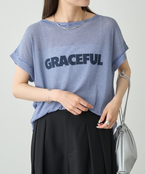 PUAL CE CIN（ピュアルセシン）の「ミジンボーダーロゴプリントTシャツ（Tシャツ/カットソー・レディース・ブラック系/ブルー系・FREE）」の2枚目の写真