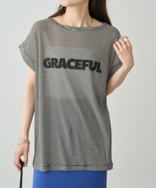 PUAL CE CIN（ピュアルセシン）の「ミジンボーダーロゴプリントTシャツ（Tシャツ/カットソー・レディース・ブラック系/ブルー系・FREE）」の3枚目の写真