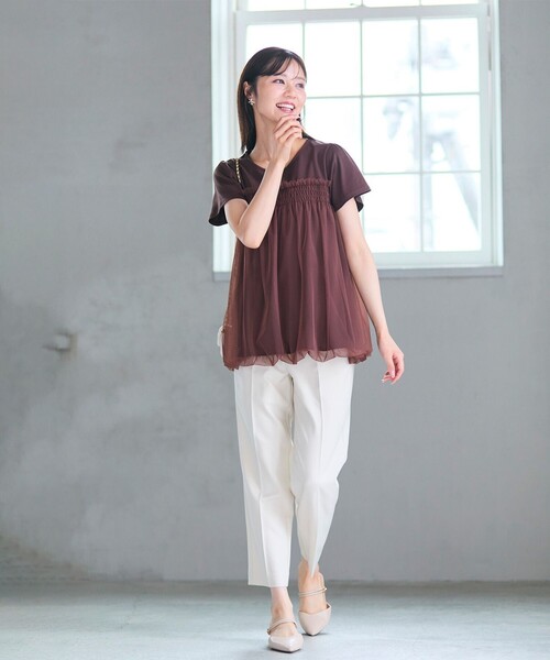 Feroux（フェルゥ）の「【汗ジミが目立たない・洗える】バルーンチュール Tシャツ（Tシャツ/カットソー・レディース・ブラック系/ホワイト系/ダークブラウン系・F）」の4枚目の写真