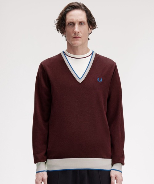 FRED PERRY(フレッドペリー)の「Contrast Tipped Jumper/コントラストティップラインニット(ニット/セーター・メンズ・ワインレッド/ブラック・L/M)」の6枚目の写真
