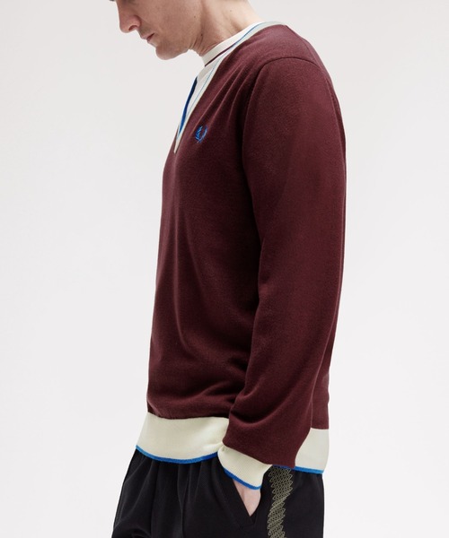 FRED PERRY(フレッドペリー)の「Contrast Tipped Jumper/コントラストティップラインニット(ニット/セーター・メンズ・ワインレッド/ブラック・L/M)」の4枚目の写真