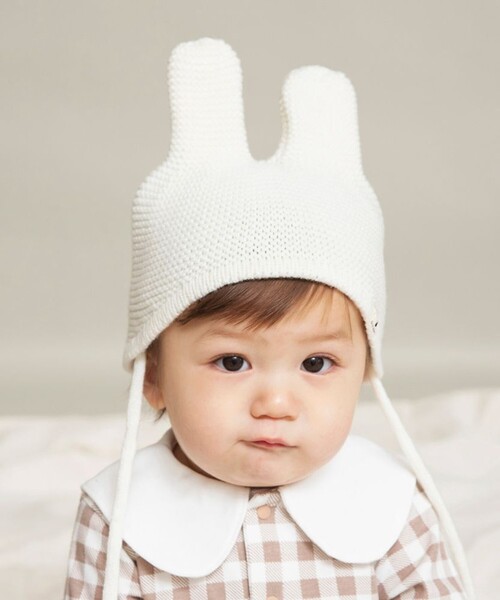 BRANSHES（ブランシェス）の「うさぎ耳ベビーニット帽（ニットキャップ/ビーニー・キッズ・アイボリー/ラベンダー・FREE）」の4枚目の写真