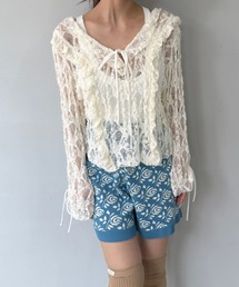 【SANSeLF】 レースフリルトップス シースルーリボンディテール Vネック saw25a028