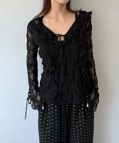 SANSeLF(サンセルフ)の「【SANSeLF】 レースフリルトップス シースルーリボンディテール Vネック saw25a028(その他トップス・レディース・ホワイト/ブラック・FREE)」の17枚目の写真