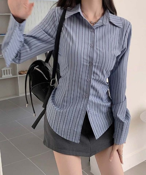 WEGO（ウィゴー）の「WEGO/ウエストシェイプタイトストライプシャツトップス（シャツ/ブラウス・レディース・ブルー・MEDIUM/LARGE）」の11枚目の写真