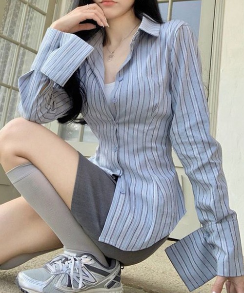 WEGO(ウィゴー)の「WEGO/羽織り/ウエストシェイプコンパクトストライプシャツ/ブラウス(シャツ/ブラウス・レディース・ブルー・MEDIUM/LARGE)」の20枚目の写真