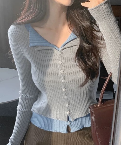 Uenui（ウニュイ）の「【 cunii 】 バイカラー レイヤード ニット カーディガン 秋冬新作（ニット/セーター・レディース・グレー/レッド/ライトグレー/ブラック・FREE）」の2枚目の写真