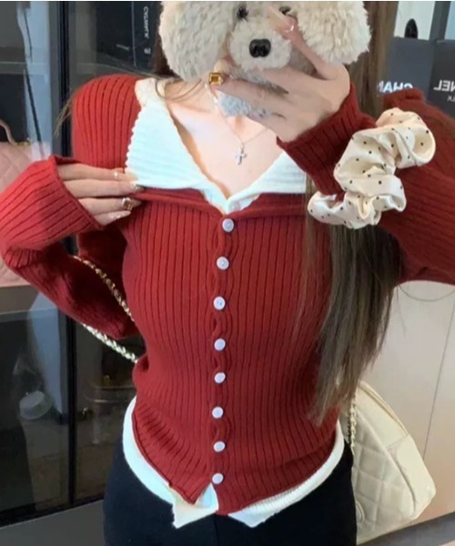 Uenui（ウニュイ）の「【 cunii 】 バイカラー レイヤード ニット カーディガン 秋冬新作（ニット/セーター・レディース・グレー/レッド/ライトグレー/ブラック・FREE）」の6枚目の写真