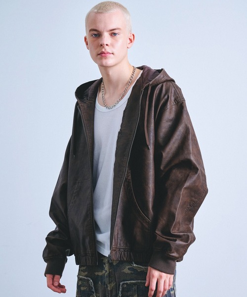 セール】ヴィンテージ フェード加工 合皮レザー フード ブルゾン