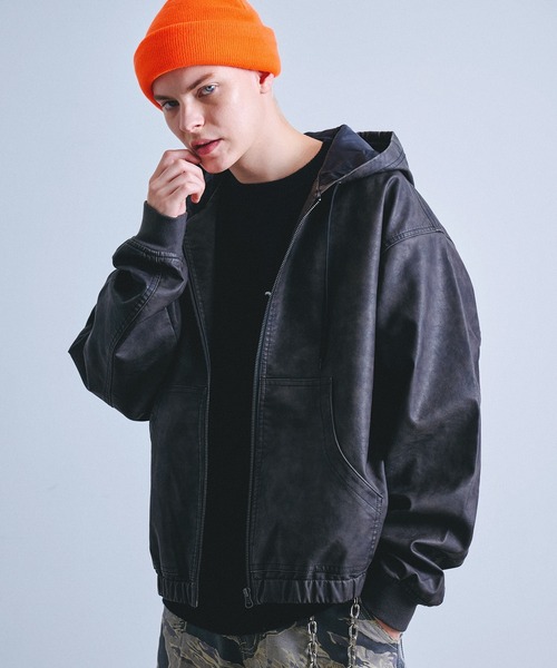 ヴィンテージ フェード加工 合皮レザー フード ブルゾン ジップ