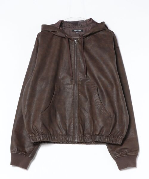 セール】ヴィンテージ フェード加工 合皮レザー フード ブルゾン
