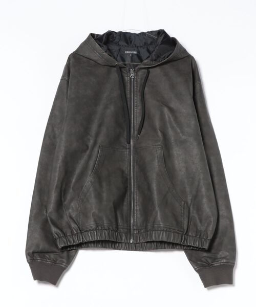 セール】ヴィンテージ フェード加工 合皮レザー フード ブルゾン