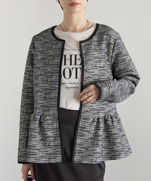 RIRIYANO（リリヤーノ）の「ペプラムジャケット×テーパードパンツ セレモニー2点セット／カットツイード／入学式・卒業式・七五三・通勤（スーツセット・レディース・ブラック/ライトグレー・X-LARGE/LARGE/MEDIUM）」の7枚目の写真