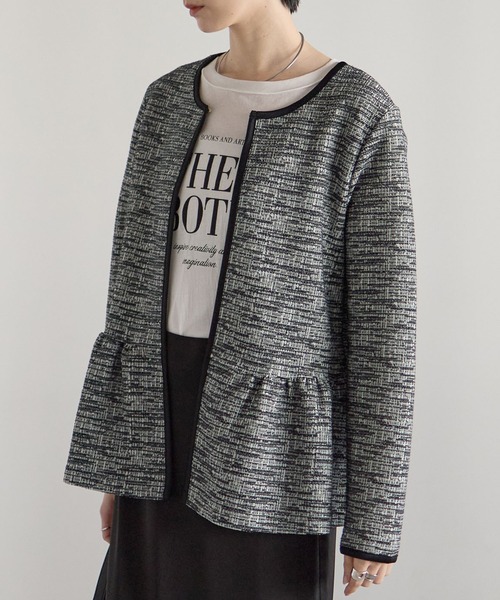 RIRIYANO（リリヤーノ）の「ペプラムジャケット×テーパードパンツ セレモニー2点セット／カットツイード／入学式・卒業式・七五三・通勤（スーツセット・レディース・ブラック/ライトグレー・X-LARGE/LARGE/MEDIUM）」の8枚目の写真