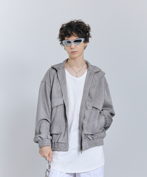 セール】87-STAN011 ハイネックポケットスエードジャケット グレー