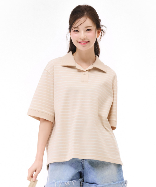 Ladies Open Collar Stripe поло — полуполо с коротким рукавом (бежевая)
