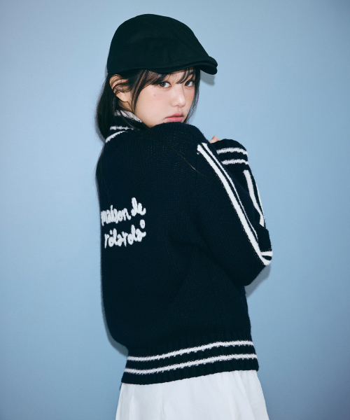 rolarola トップス MAISON DE ROLA EMBROIDERY WOOL BLENDED KNIT ZIP-UP BLACK（ニット