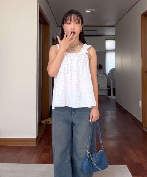 THE GREEN LAB（ザグリーンラボ）の「ドットクランチリボンノースリーブトップス[ホワイト]（Tシャツ/カットソー・レディース・その他・FREE）」の6枚目の写真