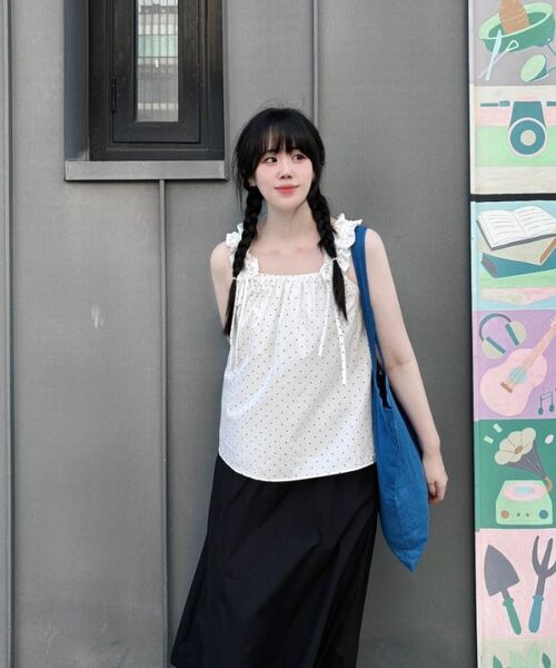 THE GREEN LAB（ザグリーンラボ）の「ドットクランチリボンノースリーブトップス[ホワイト]（Tシャツ/カットソー・レディース・その他・FREE）」の8枚目の写真