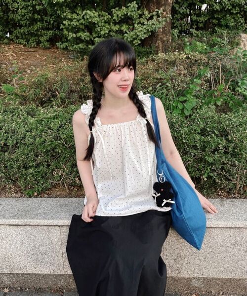 THE GREEN LAB（ザグリーンラボ）の「ドットクランチリボンノースリーブトップス[ホワイト]（Tシャツ/カットソー・レディース・その他・FREE）」の10枚目の写真
