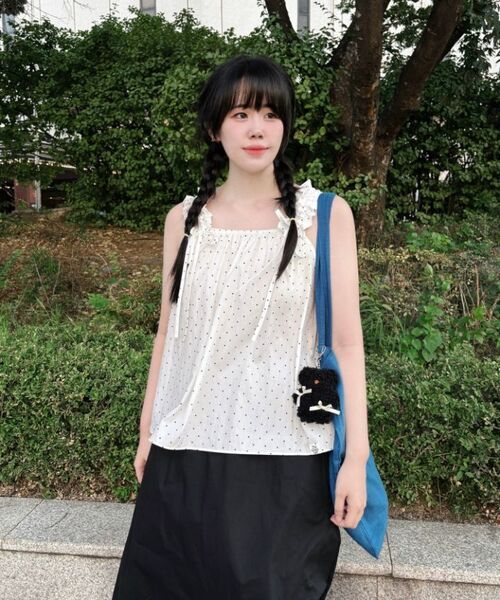 THE GREEN LAB（ザグリーンラボ）の「ドットクランチリボンノースリーブトップス[ホワイト]（Tシャツ/カットソー・レディース・その他・FREE）」の12枚目の写真