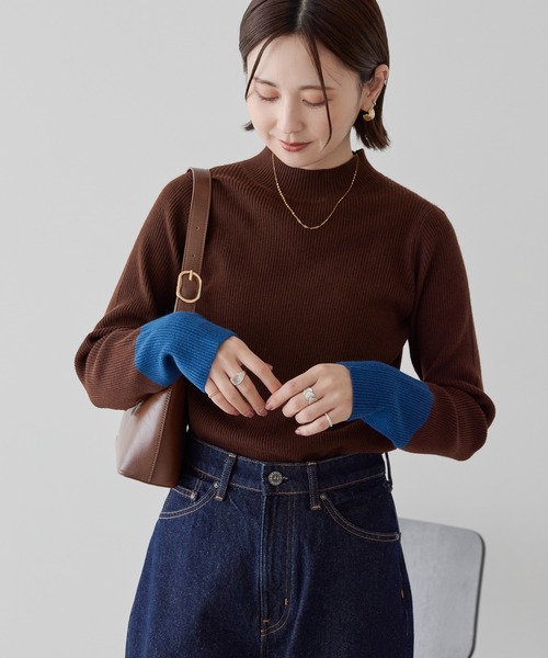 AMERICAN HOLIC（アメリカンホリック）の「バイパチ袖配色リブニットプルオーバー（ニット/セーター・レディース・チャコールグレー/ライトグレー/ブラウン/ダークネイビー・M/L）」の4枚目の写真