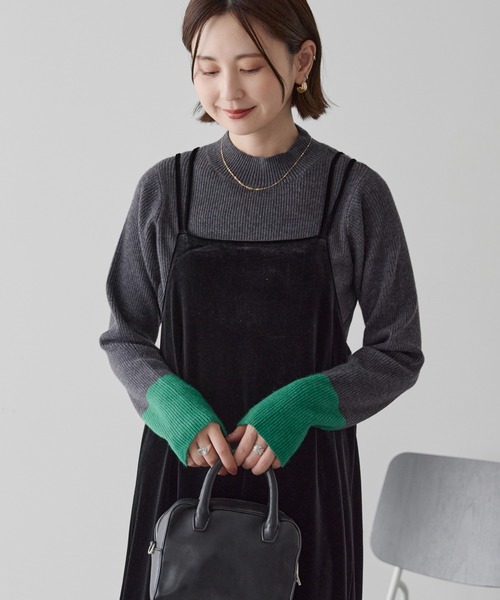 AMERICAN HOLIC（アメリカンホリック）の「バイパチ袖配色リブニットプルオーバー（ニット/セーター・レディース・チャコールグレー/ライトグレー/ブラウン/ダークネイビー・M/L）」の2枚目の写真