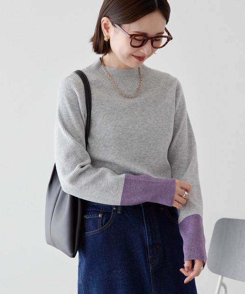 AMERICAN HOLIC（アメリカンホリック）の「バイパチ袖配色リブニットプルオーバー（ニット/セーター・レディース・チャコールグレー/ライトグレー/ブラウン/ダークネイビー・M/L）」の3枚目の写真