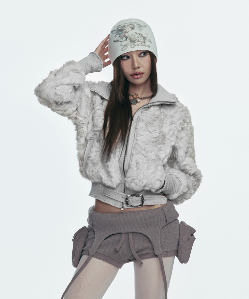 ジャケット・アウター fur belt outer gray FAUX FUR BELT ZIP JACKET_GREY