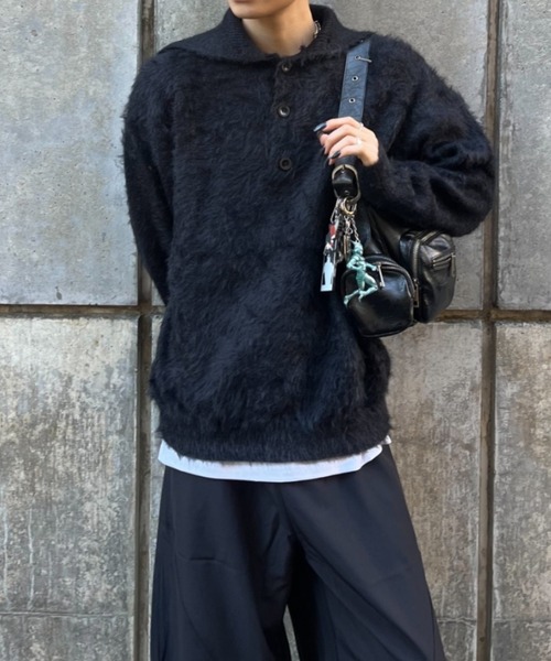 lilful（リルフル）の「ハーフボタンハイネックシャギーニット（ニット/セーター・メンズ・ブラック/アイボリー・M）」の14枚目の写真